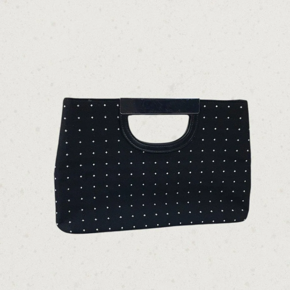 White House Black Market Black Embroidered Geometric Metal Bar Handle Clutch Bag - Picture 2 of 8